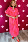 Red Stripe V Neck Cuffed Sleeve Relaxed Split Midi Dress