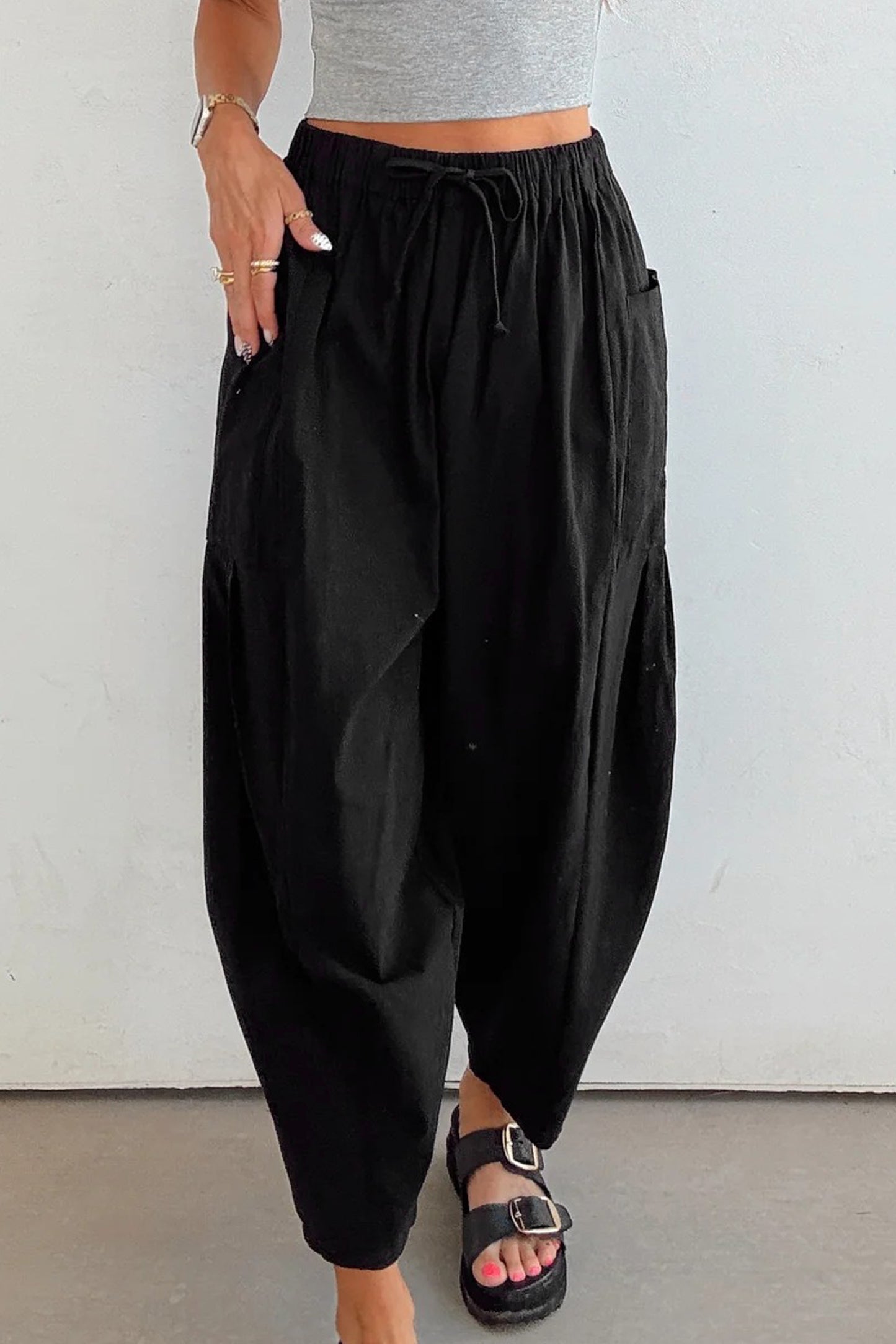 Jungle Green Drawstring Elastic Waist Patch Pocket Barrel Leg Casual Pants