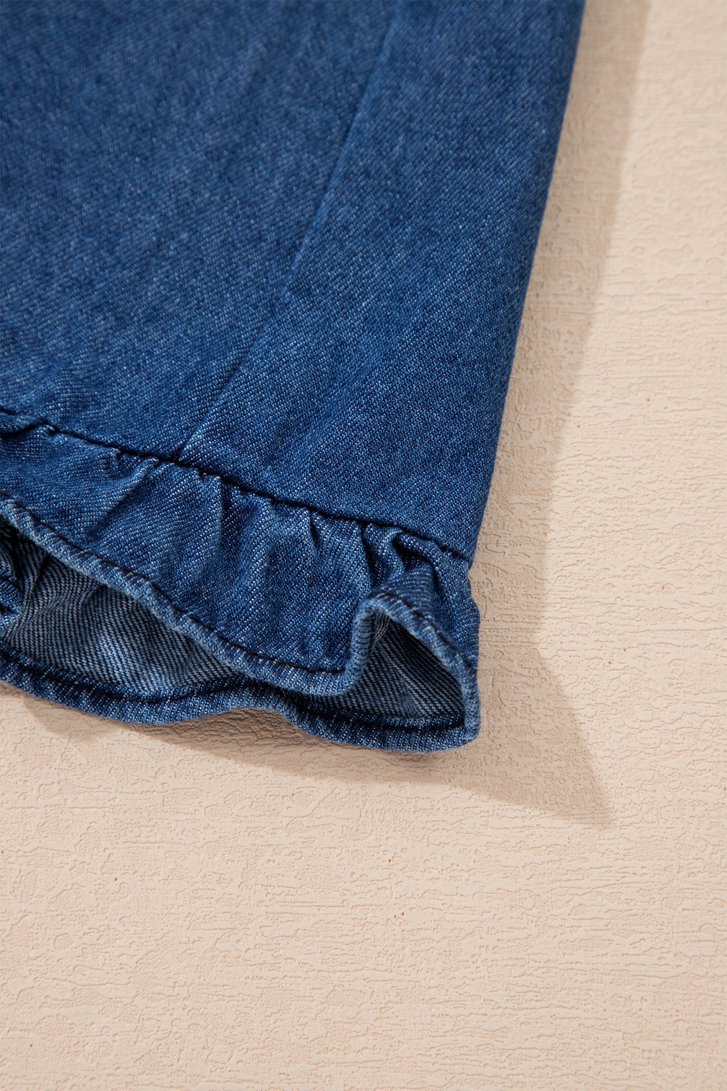 Sail Blue Ruffled Edge Collared Shift Denim Dress with Pockets