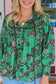 Green Leaves Print Contrast Trim V Neck Shirred Puff Sleeve Blouse