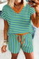 Pink Stripe Colorblock Trim V Neck Tee Drawstring Elastic Waist Short Set