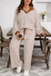 Khaki Stripe Plus Size Collared V Neck Loose Pullover Drawstring Elastic Waist Wide Leg Pant Set