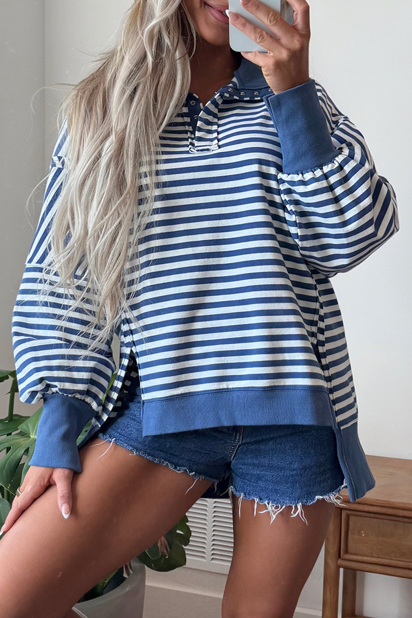 Brown Stripe Color Block Trim Raw Seam Split Hem Loose Pullover Sweatshirt
