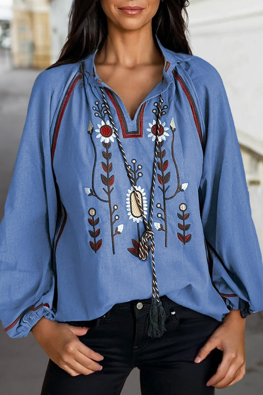 Real Teal Floral Embroidered Split Neck Tassel Tie Puff Sleeve Blouse