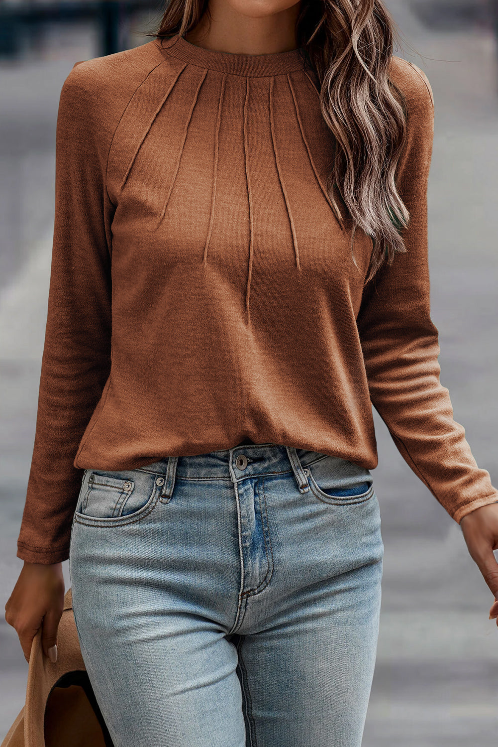 Navy Blue Solid Color Seam Detail Raglan Long Sleeve Top