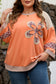 Grapefruit Orange Plaid Flower Waffle Patched Plus Size 3/4 Sleeve Top