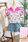 Pink Striped Strawberry Printed Color Block Patchwork V Neck Flutter Sleeve Blouse