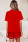 Fiery Red Contrast Trim Ribbon Bow Short Silky 2pcs Pajama Set
