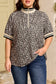 Brown Plus Size Leopard Print Striped Webbing Patchwork Half Zip Blouse
