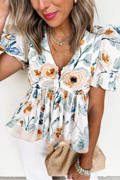 Green Floral Print Puff Sleeve V Neck Babydoll Blouse