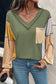Sail Blue Exposed Stitching Colorblock V Neck Long Sleeve Top