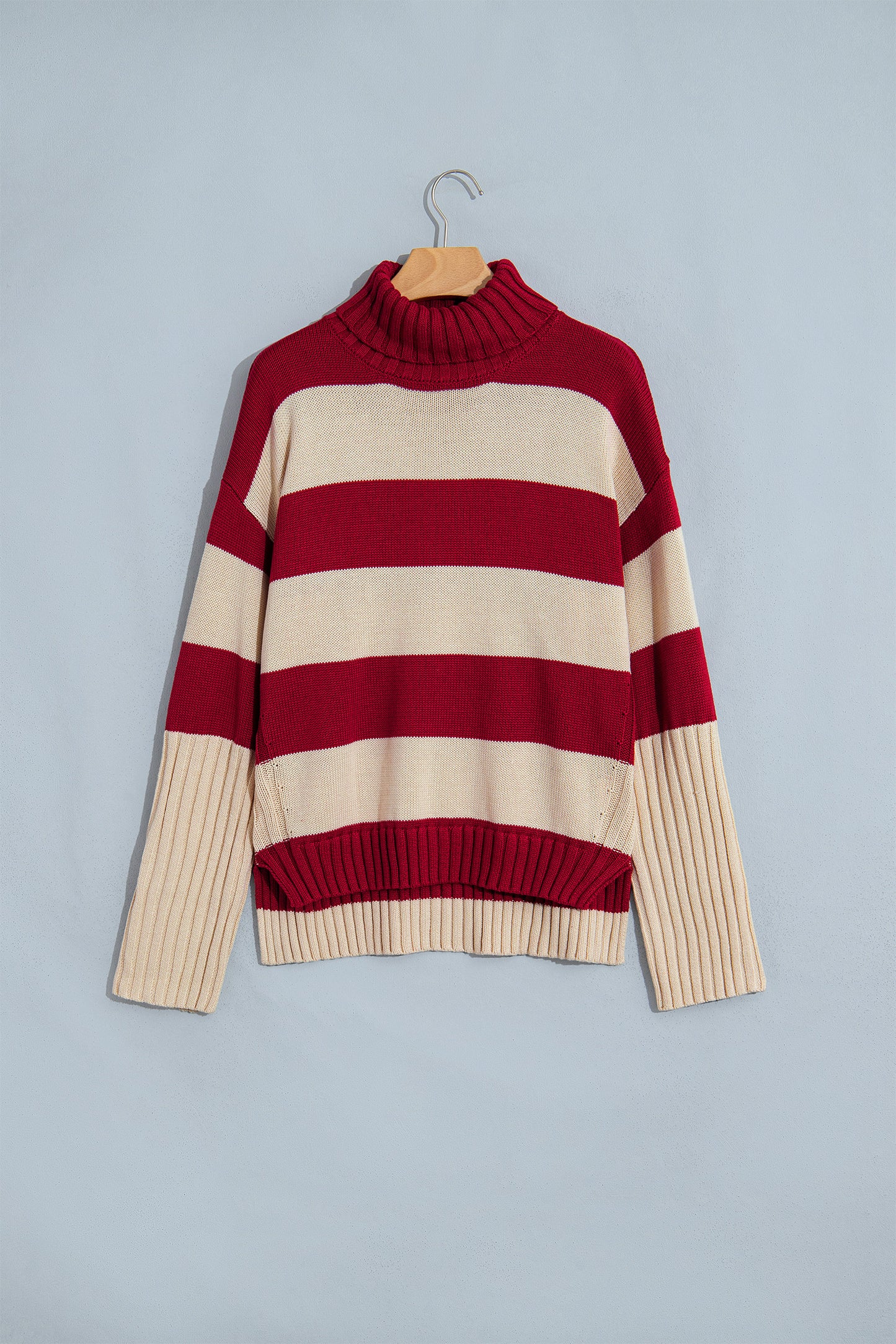 Red Stripe Ribbed Trim High Neck Relaxed Pullover Sweater