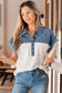Black Color Block Denim Patchwork Button Polo Collar Short Sleeve Top