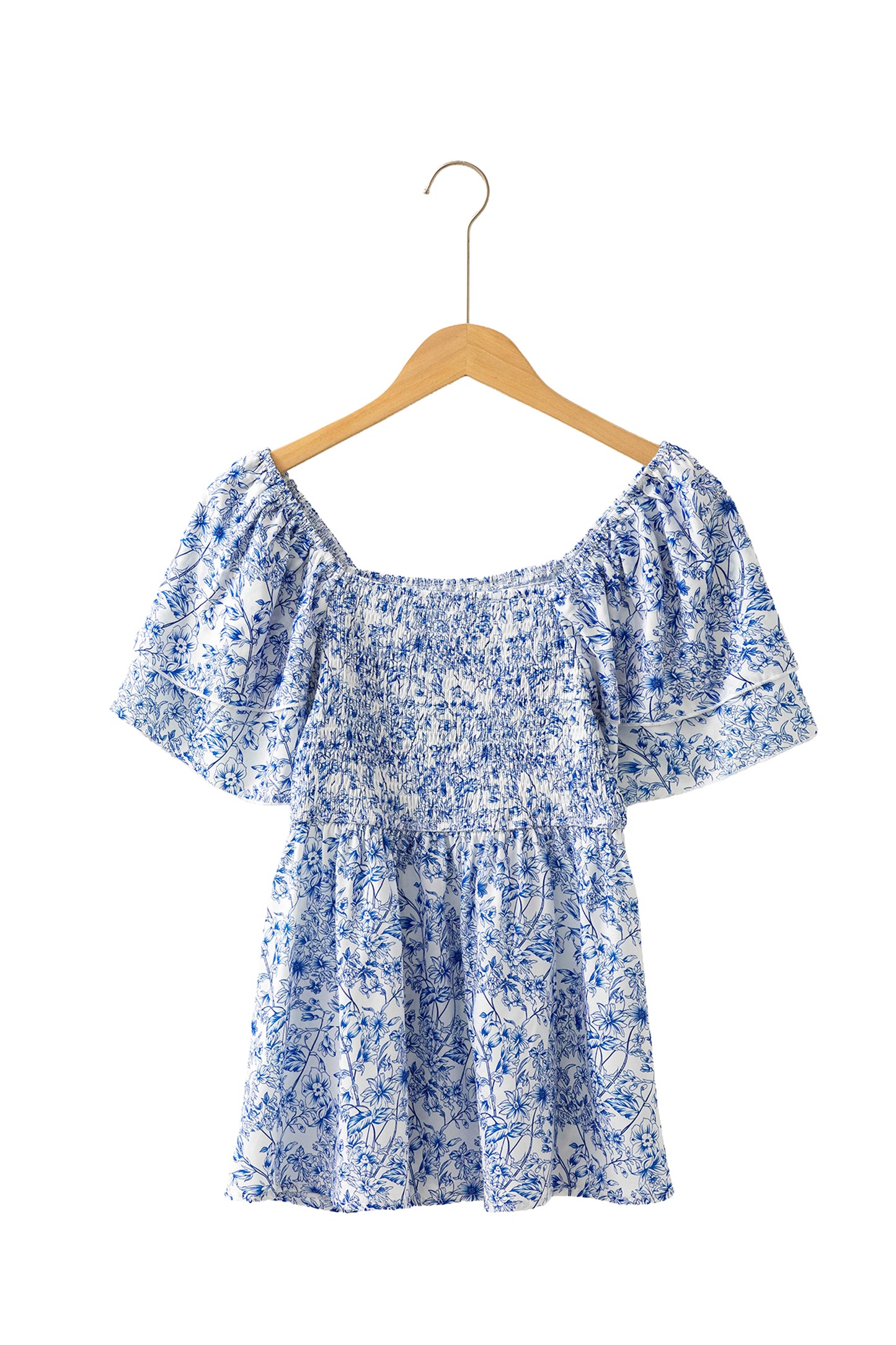 Sky Blue Floral Print Square Neck Ruffled Sleeve Shirred Babydoll Blouse