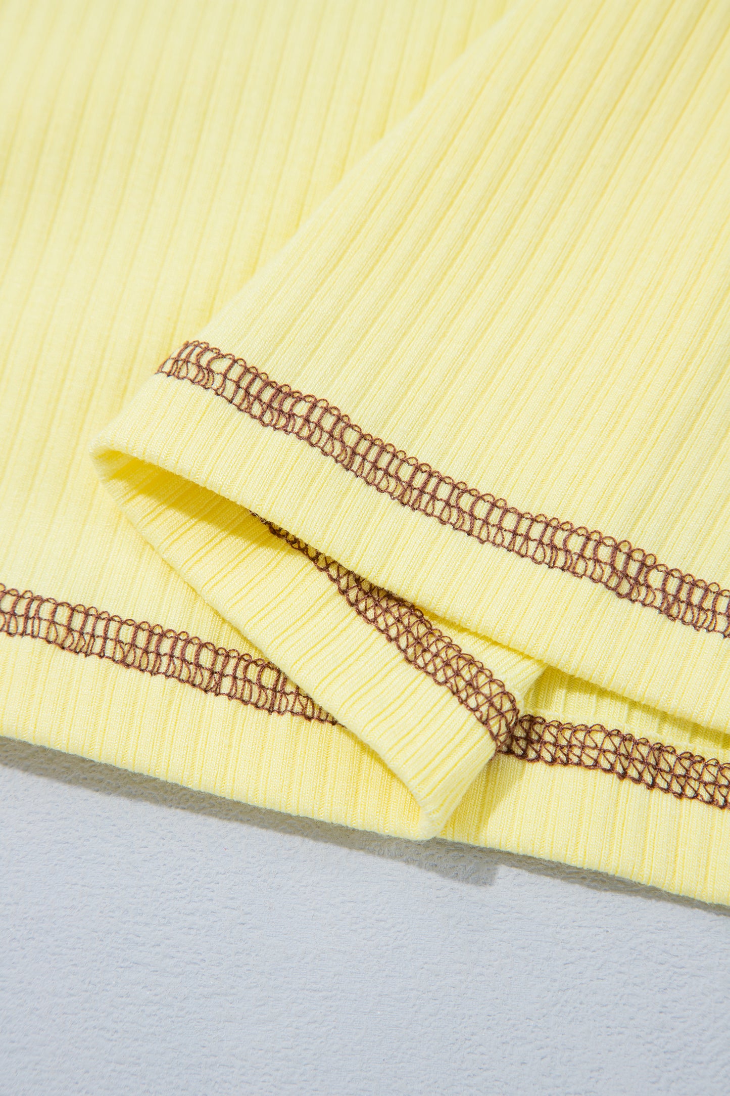 Banana Cream V Neck Ribbed Stitched Detail Long Sleeve Top