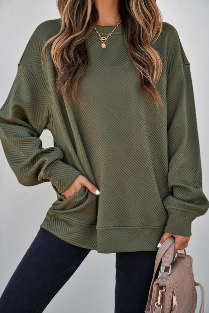Jungle Green Solid Color Textured Round Neck Drop Shoulder Pullover Sweatshirt