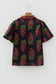 Black Floral Short Bubble Sleeve Contrast Slit Neckline Blouse