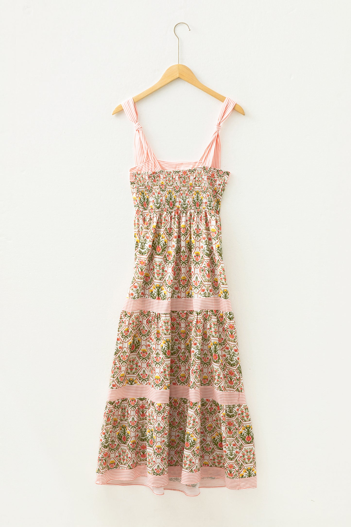 Pink Geometric Floral Print Striped Patchwork Detail Sleeveless Dress