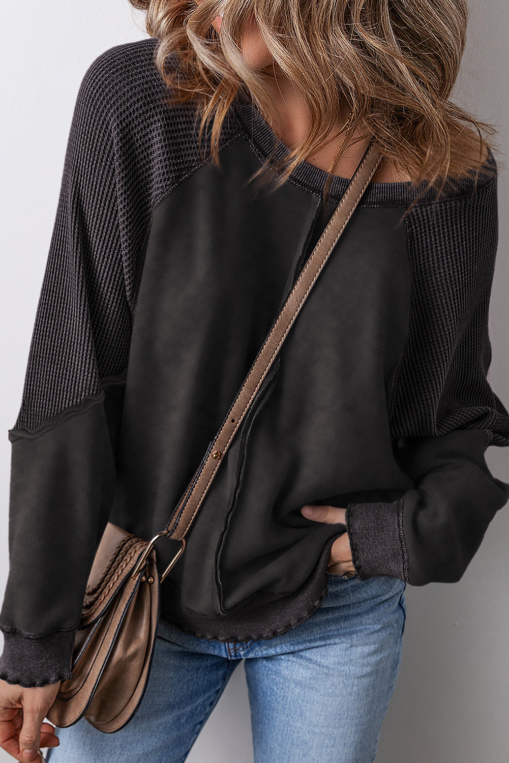 Light Grey Solid Waffle Knit Patchwork Raglan Sleeve Sweatshirt