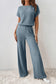 Mist Green Ribbed Keyhole Short Sleeve Wide Leg Jumpsuit