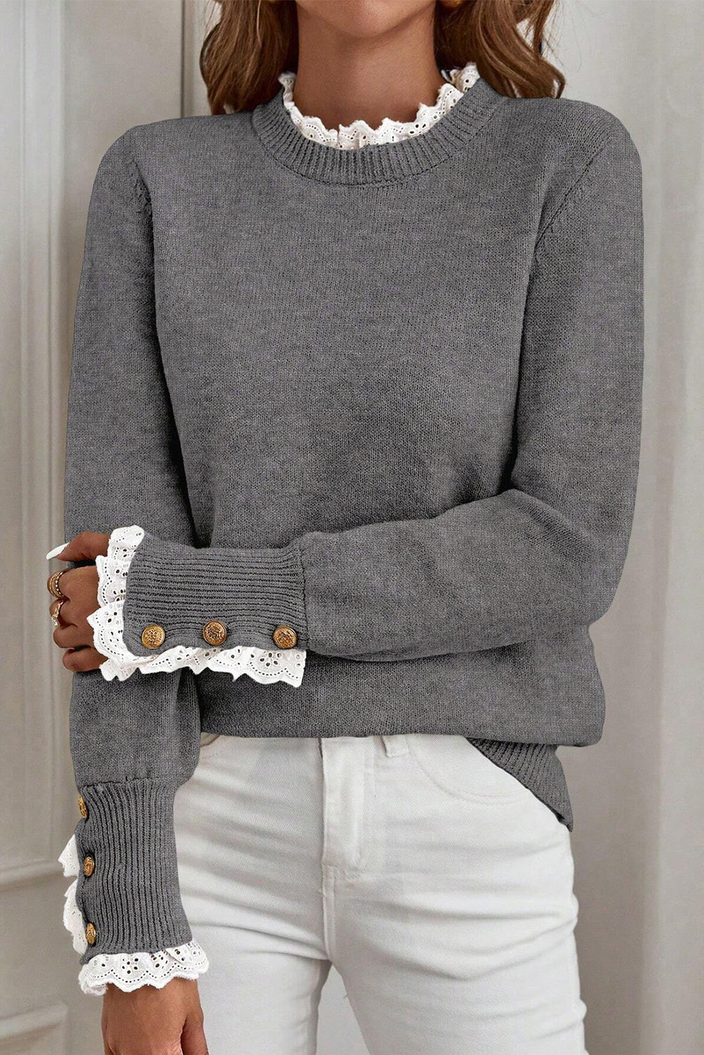 Racing Red Lace Trim Patchwork Buttoned Cuffs Loose Sweater
