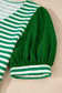 Green Stripe Puff Short Sleeve Patchwork V Neck Blouse