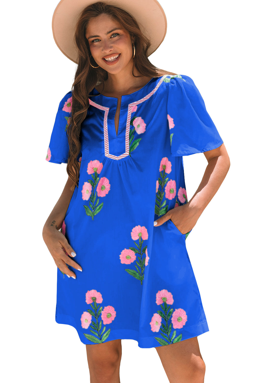 Blue Floral Short Sleeve Split Neck Loose Mini Dress