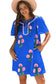 Blue Floral Short Sleeve Split Neck Loose Mini Dress