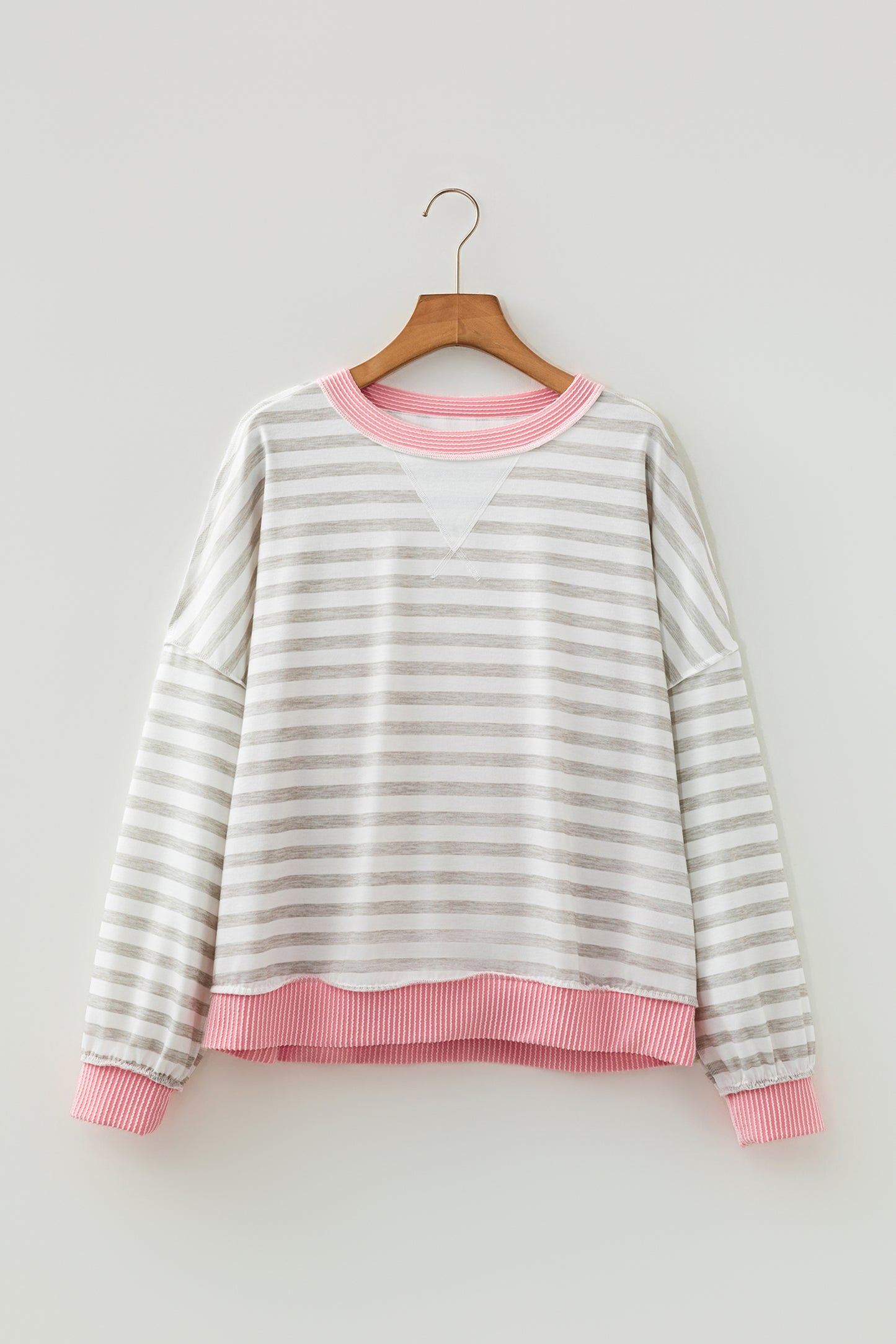 Pink Twisted Rib Trim Striped Round Neck Long Sleeve Top