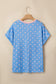 Sky Blue Raised Rib Polka Dot Print Cuffed Short Sleeve Top
