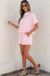 Pink Stripe Cuffed Sleeve Contrast Mock Neck Tee Casual 2pcs Short Set
