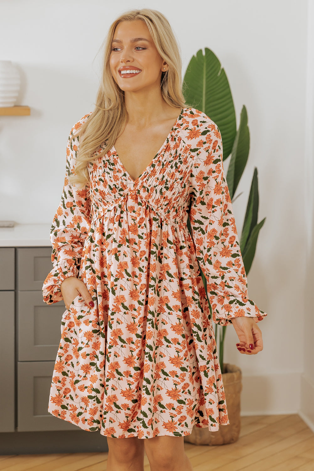 Black Floral Deep V Neck Smocked Bust Bubble Sleeve Babydoll Dress