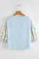 Sky Blue Stripe 3/4 Floral Puff Sleeve Patchwork Drop Shoulder Top