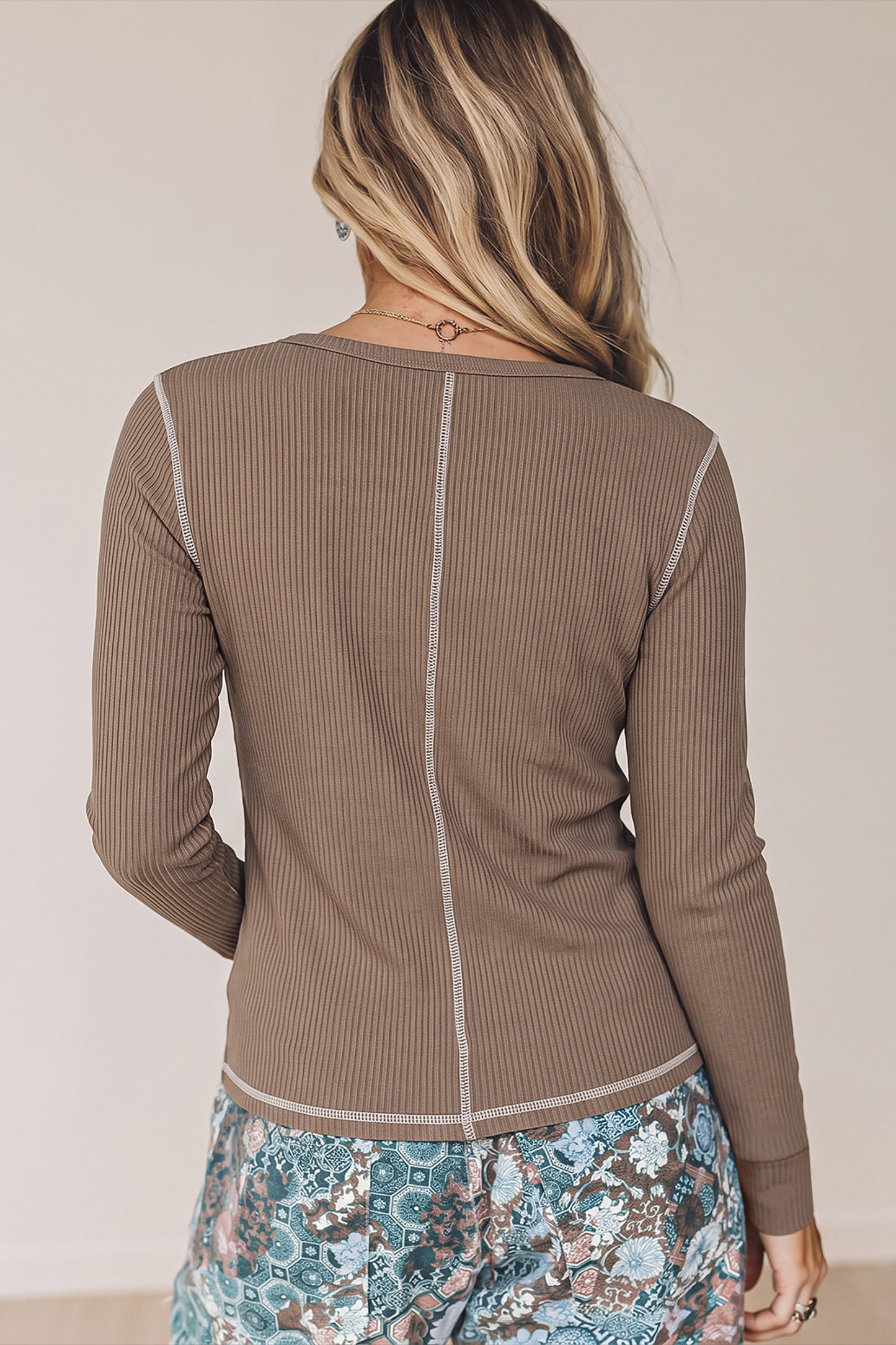 Banana Cream V Neck Ribbed Stitched Detail Long Sleeve Top