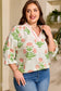 Pink Plus Size Floral Print Striped Trim V Neck Blouse