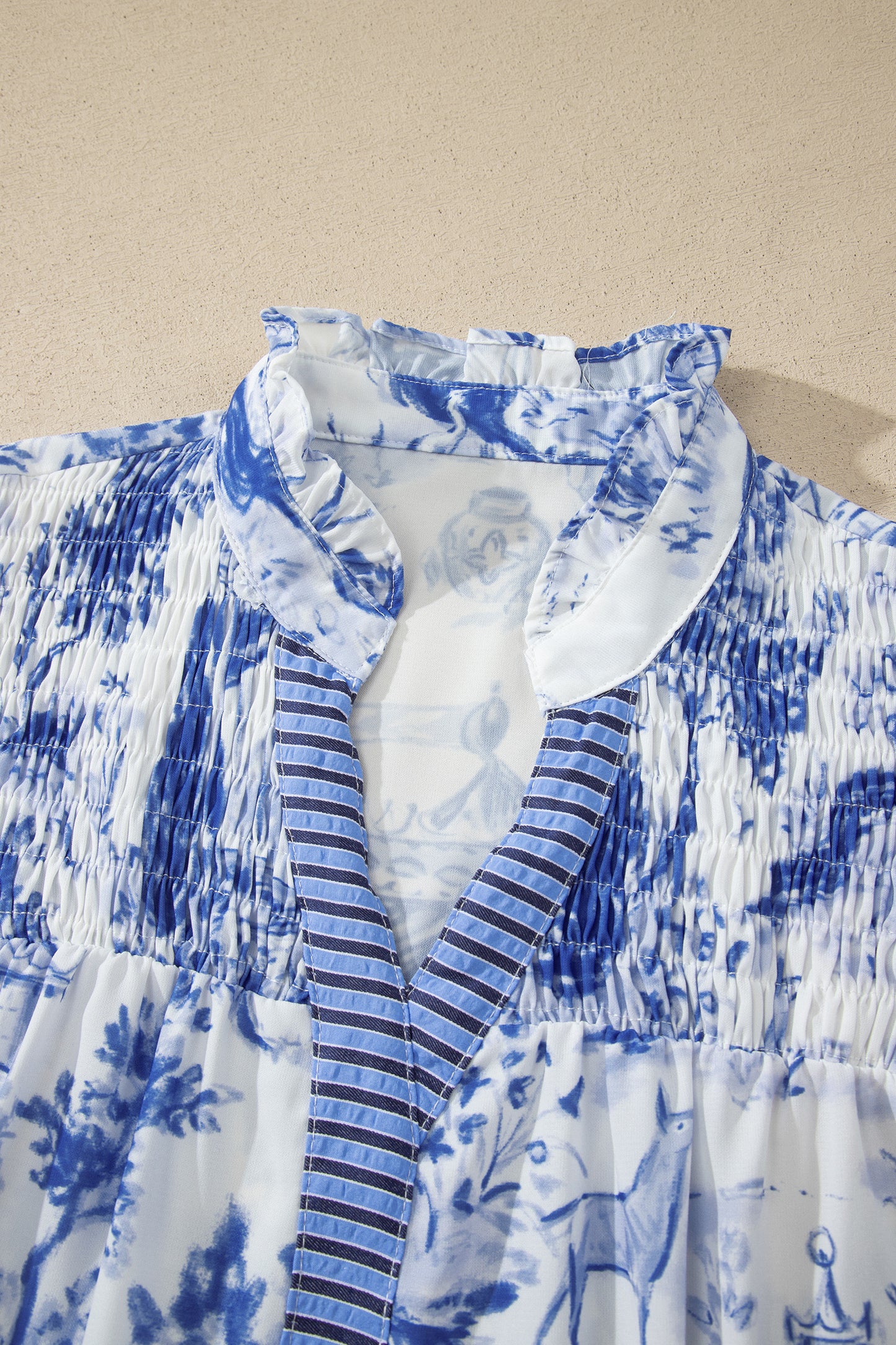 Blue Wild Animal Paradise Striped Detail V Neck Blouse