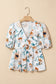 Green Floral Print Puff Sleeve V Neck Babydoll Blouse