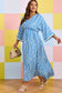 Sky Blue Plus Size Geometric Print Contrast Trim V Neck Bracelet Sleeve Long Dress