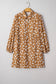 Khaki Plus Size Daisy Floral Print Button Split Neck Puff Sleeve Dress