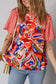 Red Paisley Geometric Mixed Print Patchwork Puff Sleeve Blouse Top