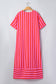 Red Stripe V Neck Cuffed Sleeve Relaxed Split Midi Dress