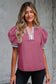 Buckskin Contrast Leopard Trim Split Neck Puff Sleeve Blouse