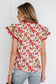 Pink Floral Print Contrast Trim V Neck Double Ruffled Short Sleeve Blouse