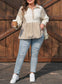 Khaki Stripe Plus Size Color Block Patchwork Half Button Long Sleeve Peplum Blouse