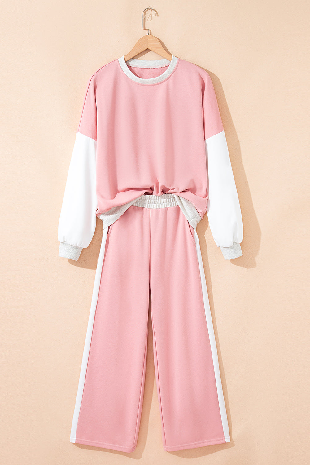 Rose Red 2pcs Color Block Pullover Loose Pant Set