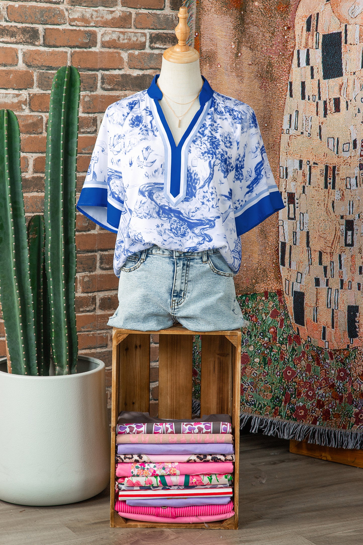 Blue Wild Animal Paradise Contrast V Neck Raglan Sleeve Blouse
