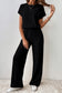 Mist Green Ribbed Keyhole Short Sleeve Wide Leg Jumpsuit