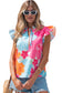 Multicolour Vibrant Flower Printed Tie V Neck Ruffle Trim Sleeveless Blouse