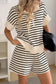 Black Stripe Ribbed Color Block Trim Zip Polo Tee Drawstring Shorts 2pcs Outfit