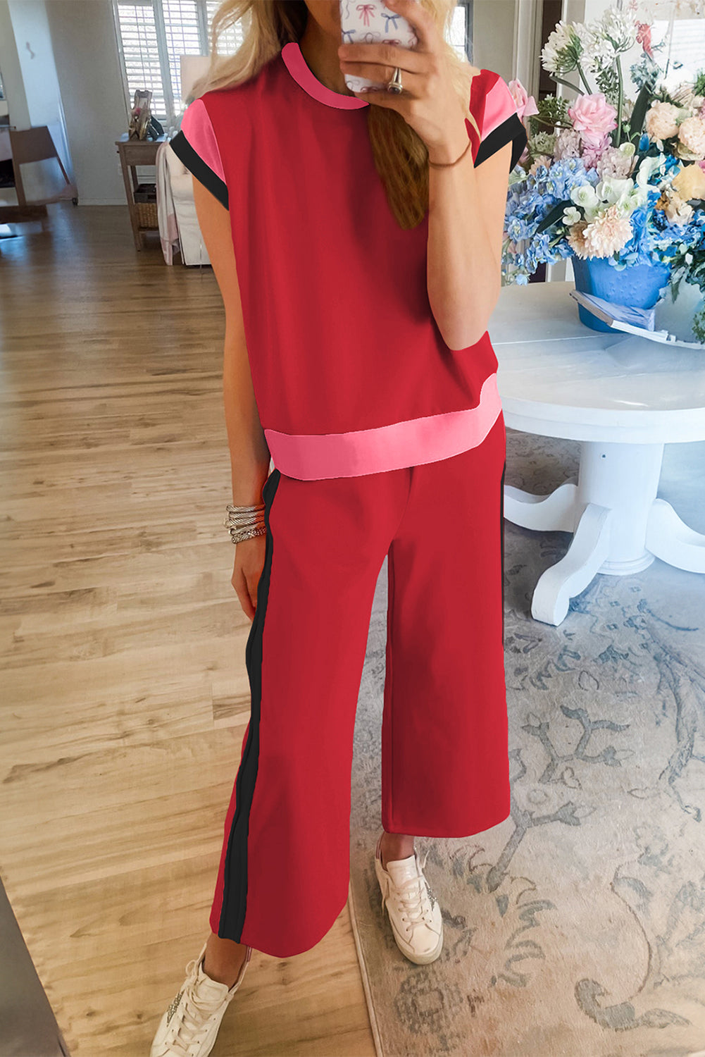 Dark Green Color Block Detail Casual Two-piece Set